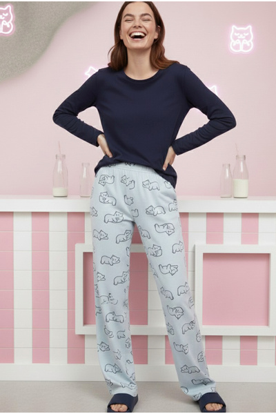 Siyah İnci Blue Cat Patterned Cotton Knitted Pajama Set 7974
