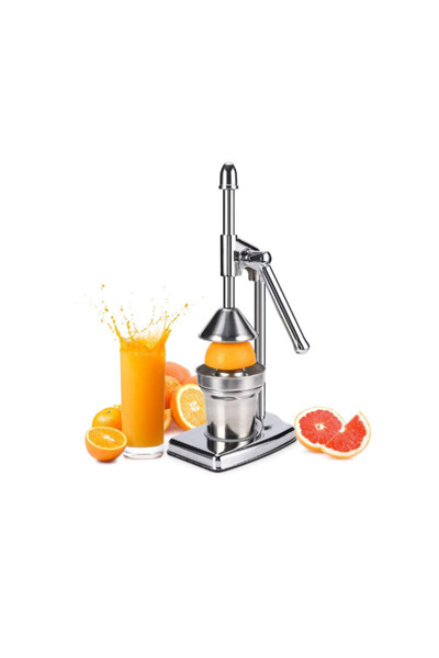 MANDU Manual fruit juicer, stainless steel press type, with container and strainer included, silver