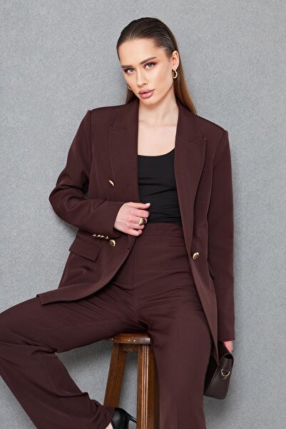 SheBoss Gold 6 Düğmeli Kruvaze Takım Kahve