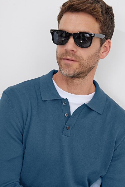 Tudors Men's Standard Fit Regular Cut Cotton Polo Neck Indigo Sweater