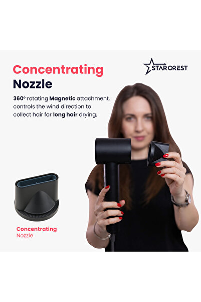 STARCREST SHD-2BK-DIF Hair Dryer, Curly Hair Diffuser, 1600W, Ionic, 3 Heat, 2 Speed, Cool Shot