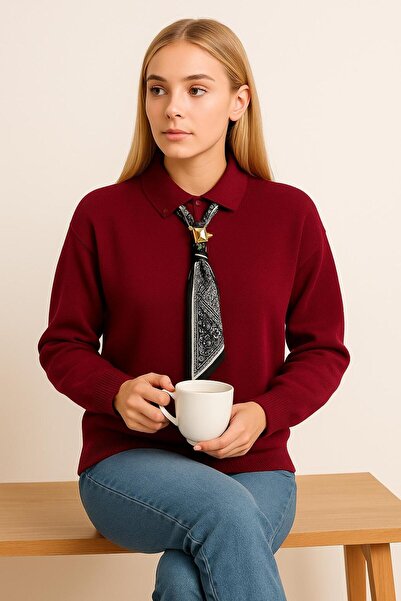 HİRA LİFE FASHİON Pulover de damă cu guler polo, cu detaliu eșarfă