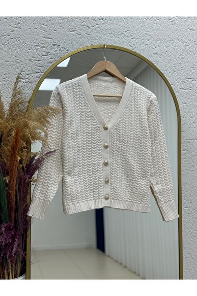 MİHRA STORE Lametta Gold Buttoned Knitted Pattern Knitwear Cardigan-Sy478 White