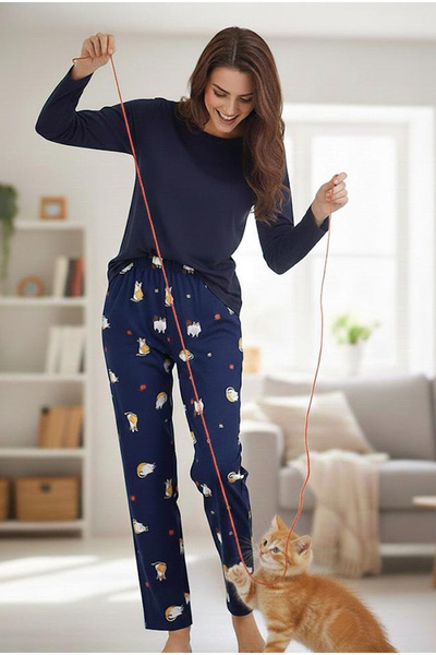 Siyah İnci Navy Blue Cat Patterned Cotton Knitted Pajama Set 7974