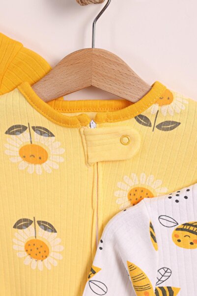 kidello Yellow Unisex Baby Boy Baby Girl 100% Cotton Zippered 3-Piece Bee Patterned Cuffed Romper Set (9 Months