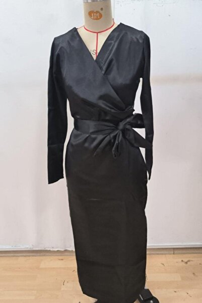 Mossta Double-Breasted Long Satin Dress with Neckline Belt - Black