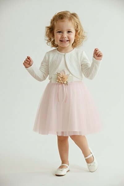 Mnk Baby&Kids Triko Bolerolu Bel Çiçekli Kız Bebek Elbise M00773 AÇIK PEMBE