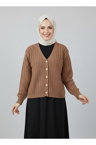 MİHRA STORE Lametta Gold Buttoned Knitted Pattern Knitwear Cardigan-Sy478 Mink