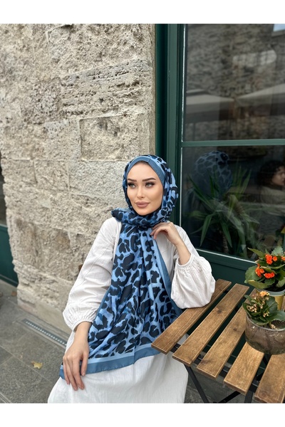 CUOCA LOUNGE Leopar Desenli Mavi Soft Pamuk Şal