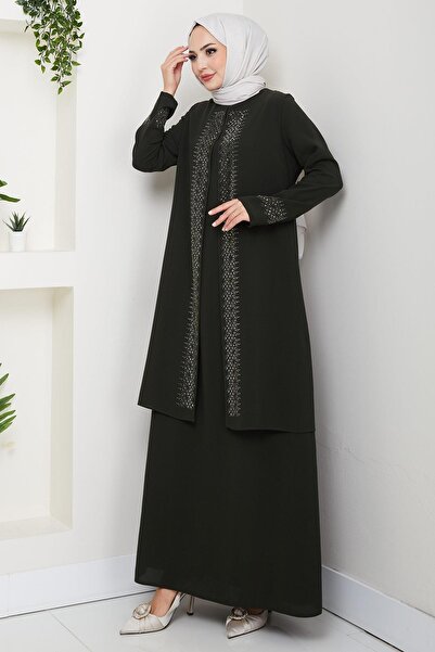 hafsamina Shiny Stone Plus Size Mother Dress Khaki Hm2856