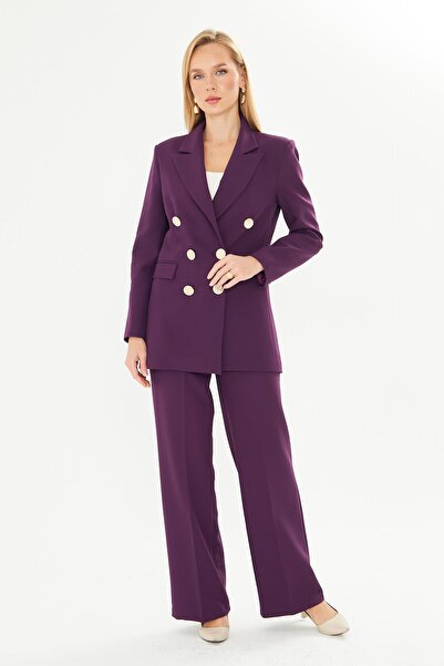 LOVELF Premium Büyük Gold Düğmeli Kruvaze Takım Mürdüm