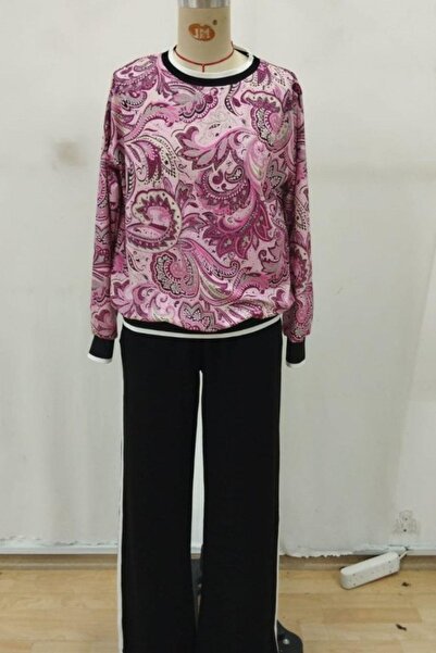 Mossta Crew Neck Patterned Two Thread Blouse Pants Two Piece Set - Patterned
