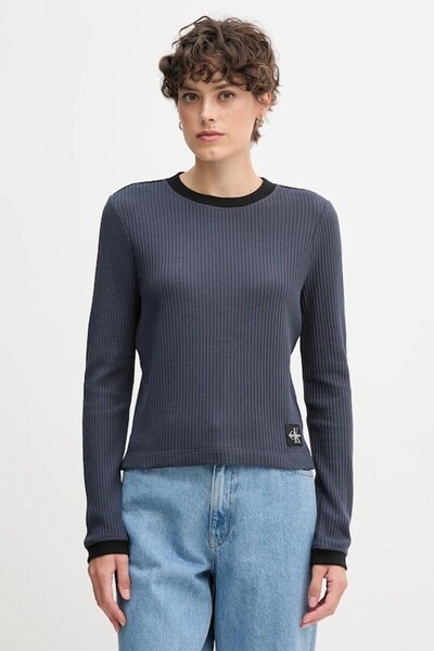 Calvin Klein Women's Regular Fit Fine Knit Fabric Round Neck Long Sleeve Blue T-Shirt Lv047D225G-Vek