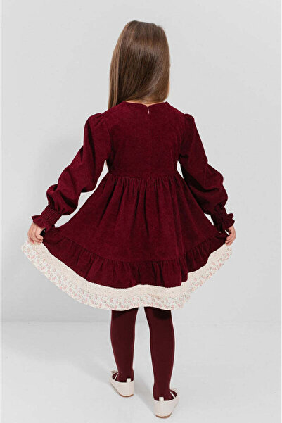 SOLLUXE AYSEL – Velvet dress with flared skirt, floral details and vintage lace appliqués, burgundy, 116