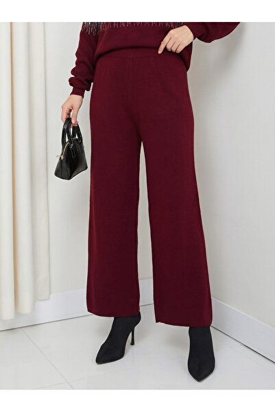 FATELLA بنطلون نسائي واسع الساق من التريكو باللون العنابي - نسيج ناعم، قصة مر...