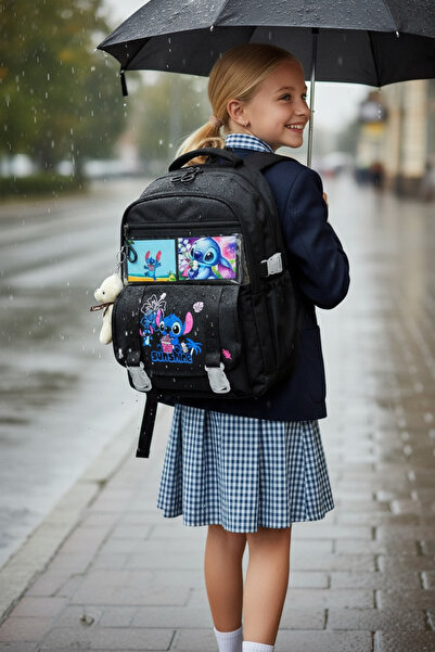 JOJO KIDS Girl's Stitch Elementary School Backpack, Waterproof Bag, Set of 3