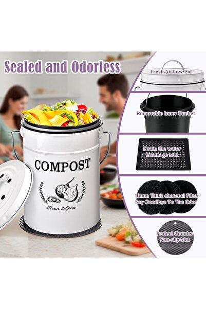 AOSION Kitchen Compost Bin Counter, 1.0 Gallon Indoor Compost Bin with Lid, White