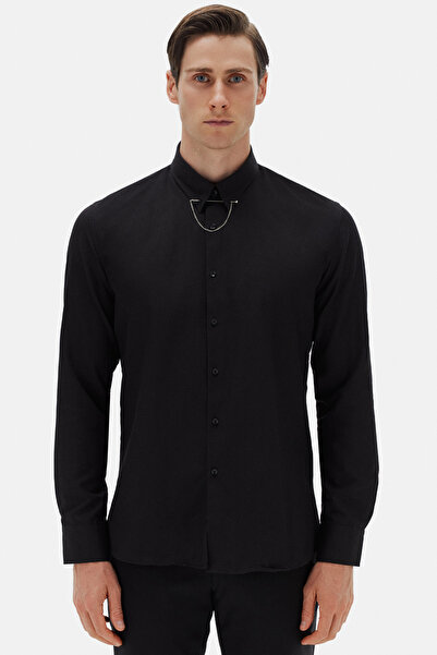 Twn Slim Fit Black Crepe Pattern Shirt