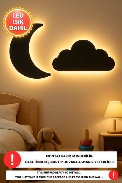 Dekorvin 1 Bulut 1 Ay Led Işık Gece Lambası Bebek Çocuk Odası Duvar Dekorasyo...
