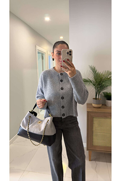 BİRCANÇİL Dlvin Fus Gray Melange Buttoned Slit Cardigan