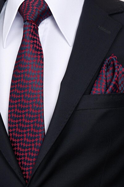 Esgue ربطة عنق كلاسيكية عريضة مصنوعة يدويًا مقاس 8 سم باللون الأحمر الداكن - أزرق داكن مع منديل منقوش