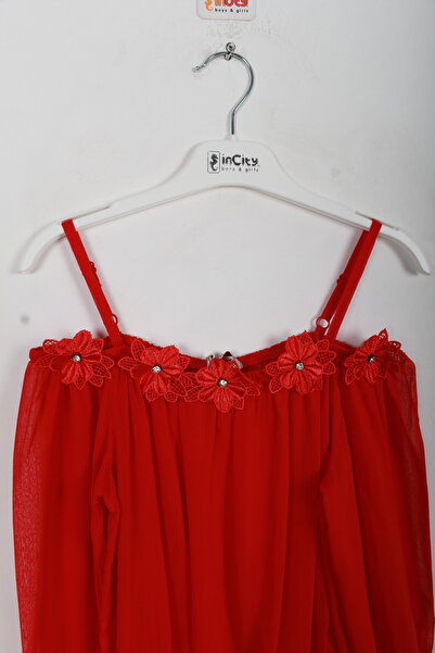 incity Girl's Floral Embroidered Chiffon Suspender Red Blouse