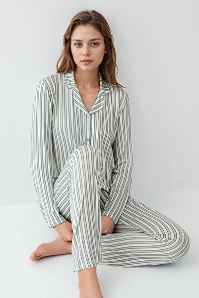 Loule Γυναικείο Σετ Πιτζάμες με Λεπτομέρεια σε Πράσινη Γραμμή, Βαμβάκι και Μο...