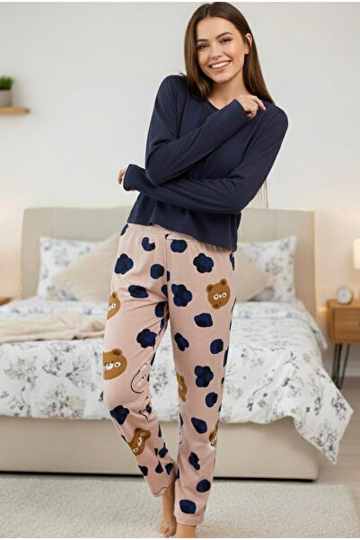 Siyah İnci Salmon Coffee Teddy Bear Patterned Cotton Knitted Pajama Set 7974