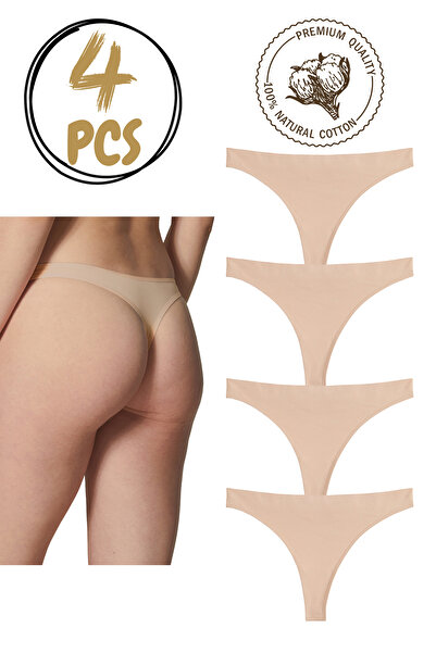 Yohannes Club Women, Cotton Basic Thong String Panties, 4-Pack, Invisible String Thong, Skin Color