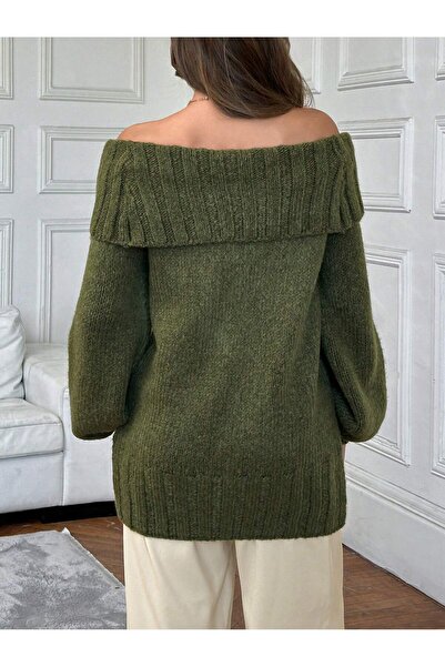 Puella Kzk0015 Women's Khaki Bardot-Boat Neck Balloon Sleeve Soft Textured Off-Shoulder Knitwear Sweater