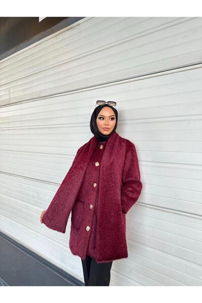 Minel Γυναικείο παλτό μπορντό με αποσπώμενο σάλι