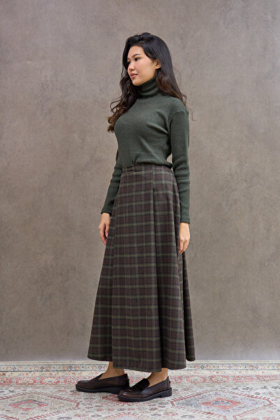 KÜÇÜĞÜM BUTİK Brown Green Double Pleated Plaid Skirt