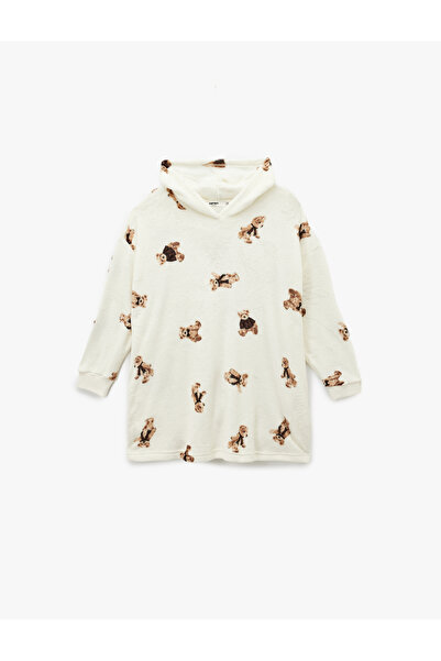 Koton Hooded Long Sleeve Teddy Bear Printed Oversized Fleece Dressing Gown