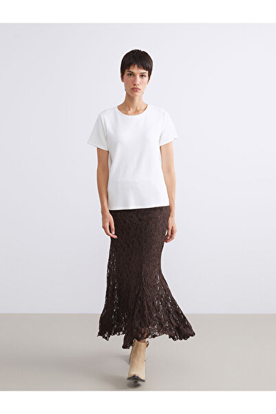 LC Waikiki Vision Brown Lace-Like Knit Crochet Skirt with Elastic Waist