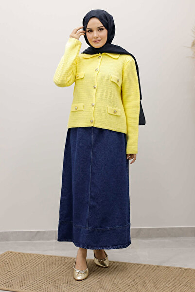 Tesettür Dünyası Ornamental Pocketed Knitwear Cardigan Tsd250243 Yellow