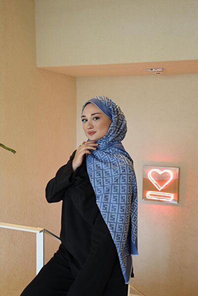 Şalland F Pattern Wool Cashmere Shawl Ice Blue