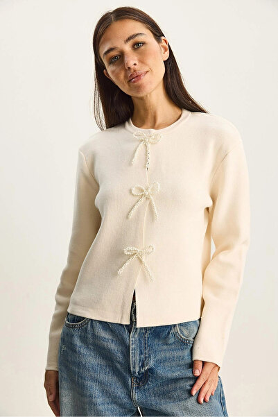 My Blog Cream Bow Bead Detailed Cardigan - 251072