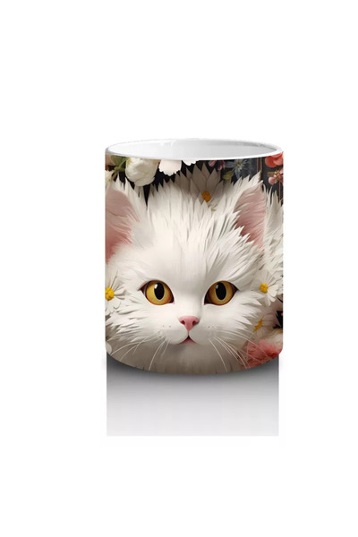 Wisdom Rain Fluffy White Cat Sitting in the Flower Garden Mug