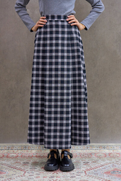 KÜÇÜĞÜM BUTİK Black Burgundy Striped Double Pleated Plaid Skirt