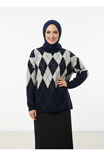 MİHRA STORE Fionna Baklava Patterned Knitwear Sweater-Zi̇5589 Navy Blue