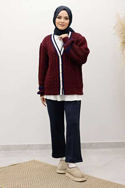 Tesettür Dünyası Hair Braid Patterned Knitwear Cardigan Tsd250255 Claret Red