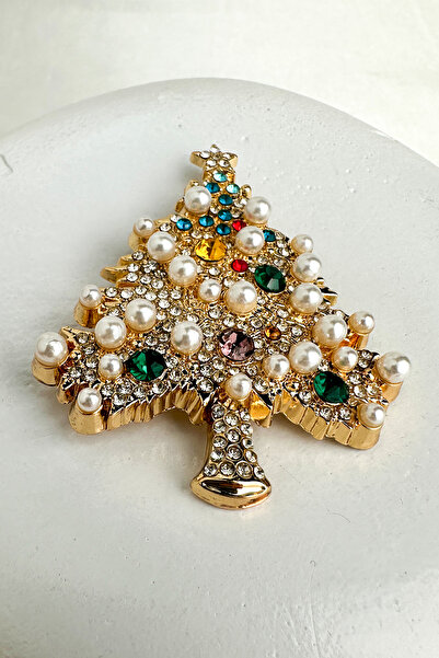 Modex Yılbaşı Özel İnci Taş Süslemeli Çam Ağacı Broş (6cm)