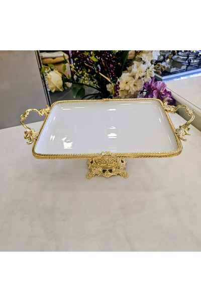 MaviDamla Rectangular Porcelain Presentation Plate with Cast Edge Frame Gold