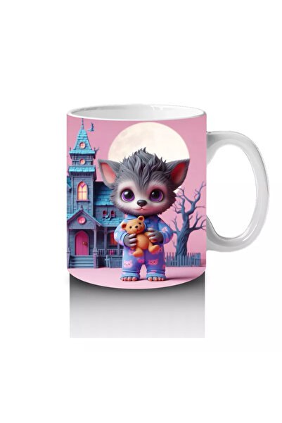 Wisdom Rain Pink Halloween Printed Mug with Cute Witch Girl Figure in Front of Haunted Castle