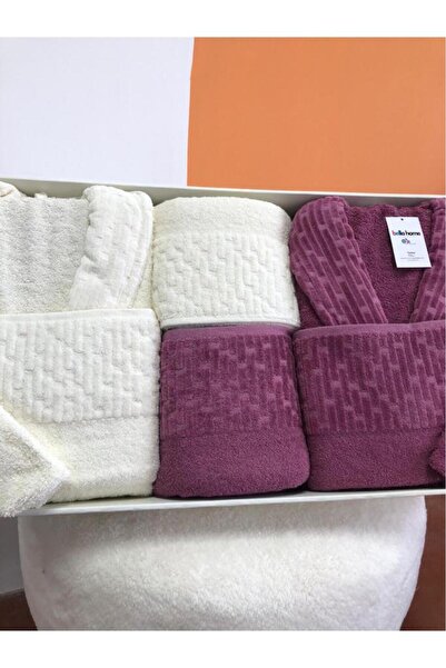 Çeyiz Diyarı Su Yolu 8 Piece Family Bathrobe Set Cream - Plum