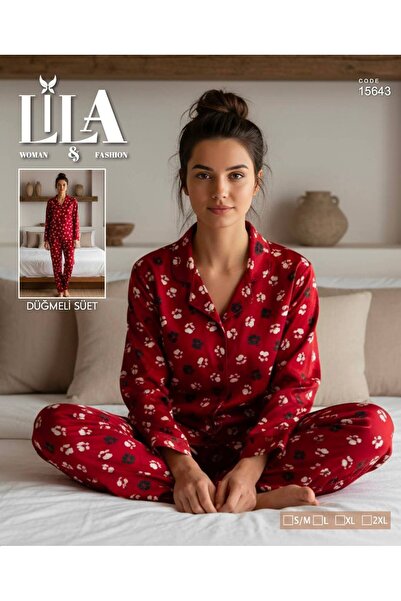 Lila Cotton Suede Fabric Buttoned Women's Pajama Set