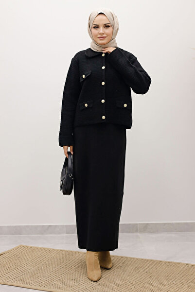 Tesettür Dünyası Ornamental Pocketed Knitwear Cardigan Tsd250243 Black