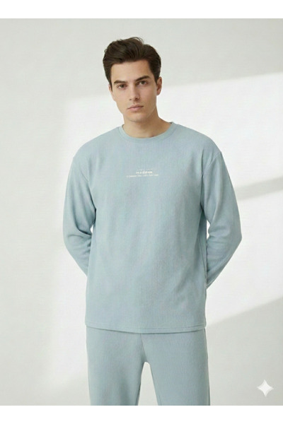 ribana Unisex Crew Neck Embossed Printed Inside Cotton Pocketed Top and Bottom Set