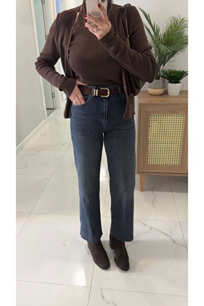 BİRCANÇİL Melotti Blue Raw Hem Nubuck Belted Straight Jeans