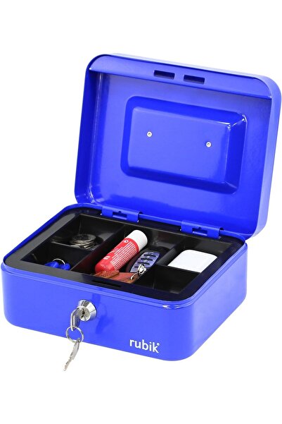 RUBIK صندوق نقود متوسط الحجم مصنوع من الفولاذ مع صينية وقفل (20×16×9 سم) أزرق